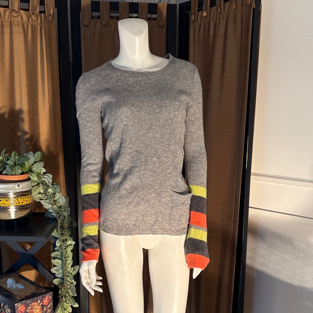Cashmere  Sweater with Multicolor Striped Sleeves From Deane and White